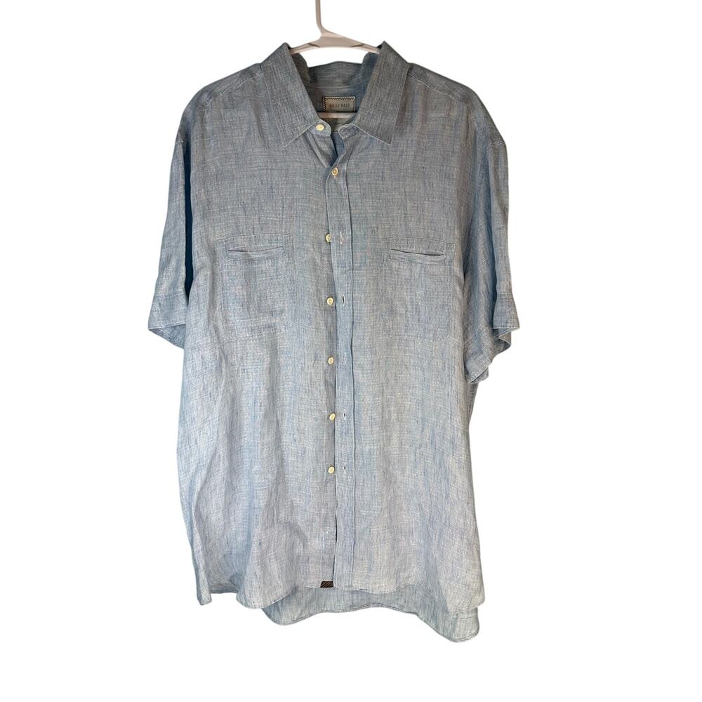 Billy Reid Men's blue 100% linen button up short sleeve shirt